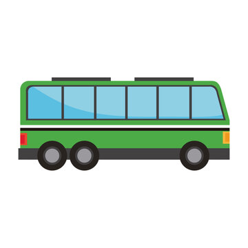 Flat vector illustration of a green public transit bus showing its side profile view with blue tinted windows. Clean automotive icon isolated on a white background.