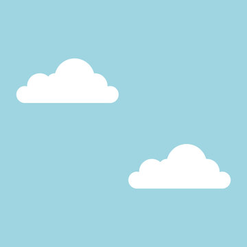 Minimalist flat vector background featuring two fluffy white cartoon clouds floating in a light blue sky, isolated on a square layout.