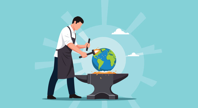 Skilled blacksmith wearing an apron uses a hammer to shape a globe on an anvil symbolizing global construction and manual labor efforts.
