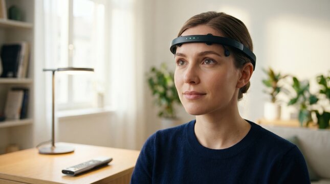 Woman wearing neuroprosthetic headband to interface with smart home device. Concept of brain computer interface and neuroprosthetic technology for modern home control and medical recovery.