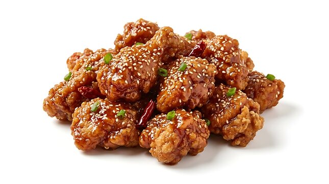 Delicious crispy fried chicken wings glazed with spicy sauce and topped with sesame seeds and peppers. general tso chicken