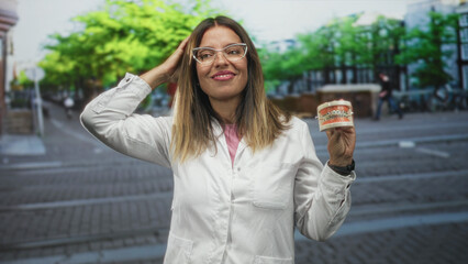 Fototapeta premium Hispanic woman dentist wearing labcoat and glasses holding dentures while touching head with hand in street; patient care confidence.