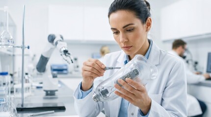 Fototapeta premium Woman scientist engineer working with 3D printed prosthetic limb in biotechnology laboratory. Development of neural prosthetic and innovative medical robotic technology for human health.