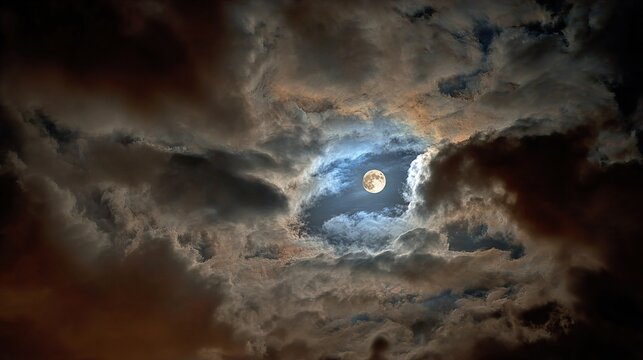 Night moonlight of a full moon. Moon and clouds, night landscape.