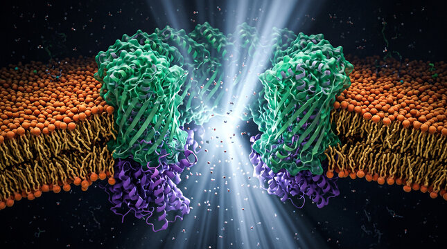 Colorful molecular structure with green and purple proteins in a cell membrane under bright light beams