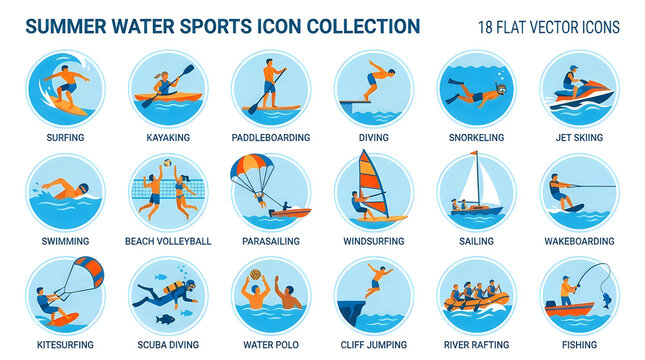 summer, summer background, Summer water sports icons, flat vector collection, 18 icons, surfing, kayaking, paddleboarding hello summer, summer banner, summer sale, summer promotion