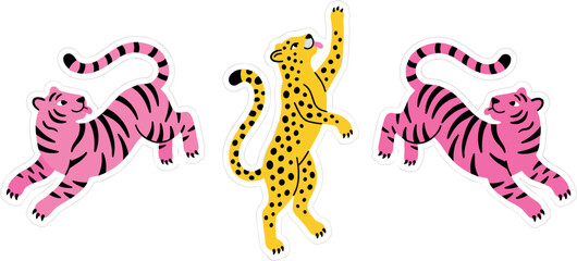 Cute Cartoon Wild Cats Sticker Set Featuring Jumping Pink Tigers and a Pouncing Yellow Leopard for Kids Fashion Stationery and Crafting Graphic Designs © MARKNIS