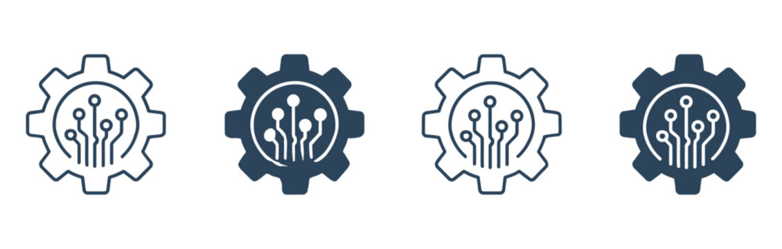 Gear logo icons with integrated electronic circuitry design technology mechanical engineering electronic innovation industrial abstract automation processor hardware technical development