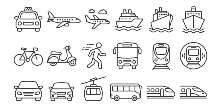 Set of transportation mode line art icons with transportation shipping logistics maritime aviation movement transport graphics navigation infrastructure delivery mobility motorcycle