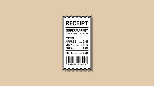 Minimalist supermarket paper receipt with grocery items and barcode illustration.
