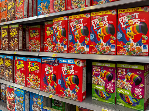 Texas, USA - April 15, 2024: Various cereal boxes on a store shelf in a supermarket. Texas, USA.
