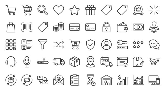 Shopping and e commerce icons outline style for online business and retail.