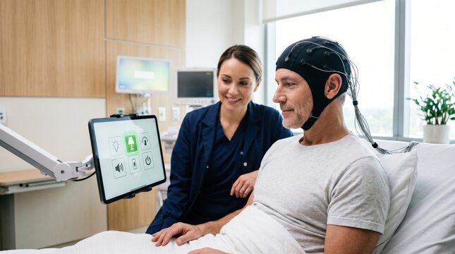 Female doctor observing caucasian man with neuroprosthetic eeg cap interacting with smart home interface on tablet. Innovative medical technology, brain computer interface research.