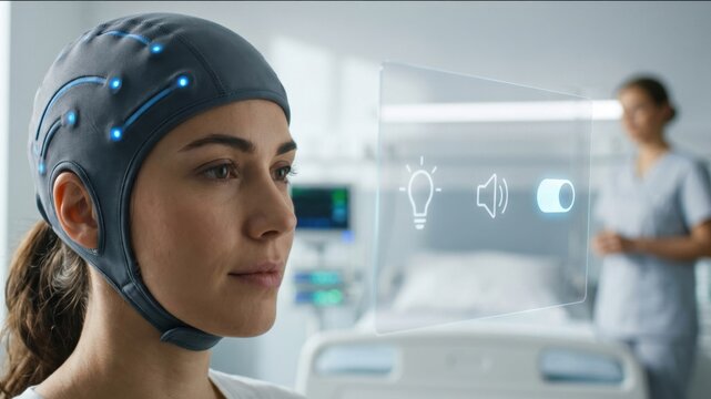 Woman wearing neuroprosthetic brain computer interface cap controlling smart home digital interface. Innovative medical technology for neural control and futuristic healthcare rehabilitation.