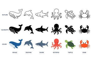 Fototapeta premium Marine Animal Icon Pack – Whale, Dolphin, Shark, Octopus, Turtle and Crab Outline, Silhouette & Colored Flat Vector Collection