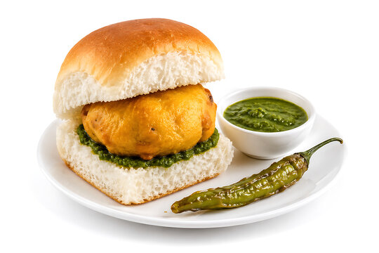 Vada pav with green chutney and fried chili, white background