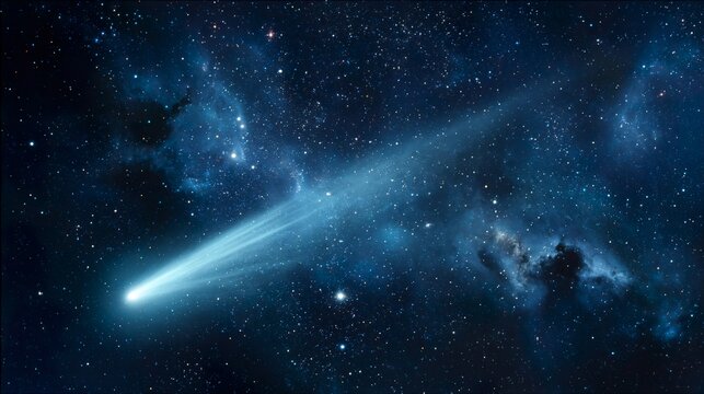 Bright comet crossing the deep universe, leaving a long tail behind, against a backdrop of countless stars. Background for astronomy.