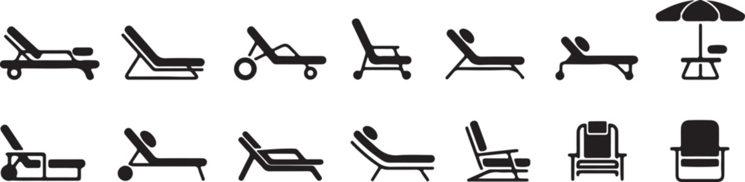 Outdoor furniture collection featuring beach lounge chairs reclining sunbeds deck seating and patio sunshades for summer relax.
