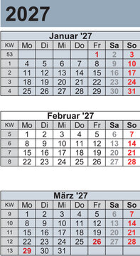 Kalender 2027 three month per page