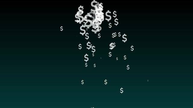 Falling white US dollar symbols on green screen background, money raining from above, finance concept, isolated currency icons