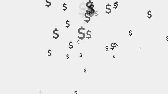 Falling white US dollar symbols on green screen background, money raining from above, finance concept, isolated currency icons