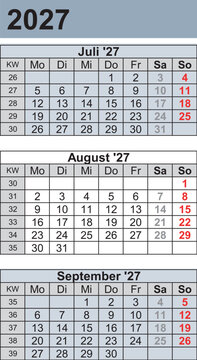 Kalender 2027 three month per page