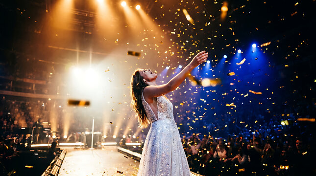Woman in white dress throwing confetti on stage with audience