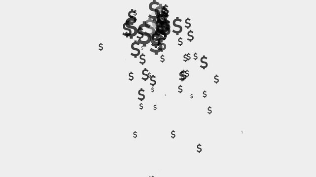 Falling white US dollar symbols on green screen background, money raining from above, finance concept, isolated currency icons