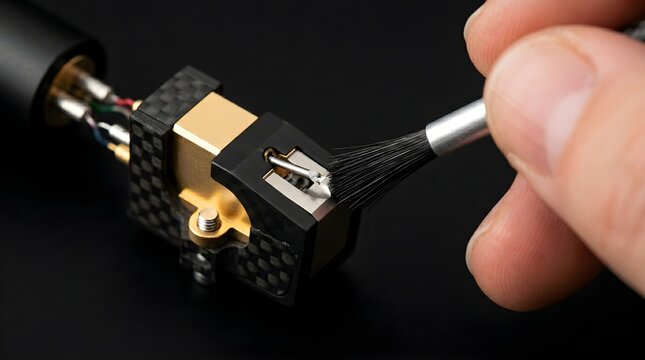 Close up shot of an audiophile hand using a small fine cleaning brush to remove dust from a high-end gold vinyl phono cartridge stylus needle.