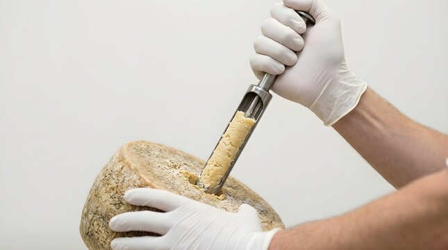Close up of a cheese maker hands in white gloves using a stainless steel cheese trier borer tool to extract a core sample from a matured cheese wheel.