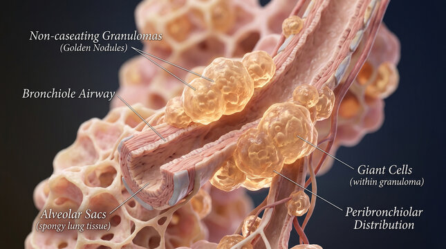 Detailed illustration of non-caseating granulomas in lung tissue with bronchiole airway and alveolar sacs
