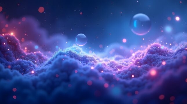 Abstract space background with glowing purple clouds and floating bubbles. This creative digital art is suitable for sci fi book covers and futuristic technology presentations.