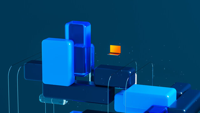 Geometric blocks arranged with technology elements on a flat surface
