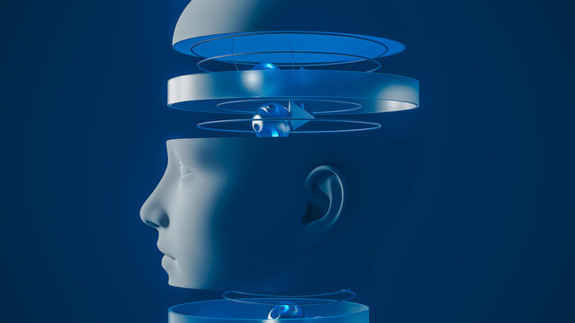 Concept of artificial intelligence head showing technology features