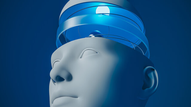 Concept of artificial intelligence head showing technology features