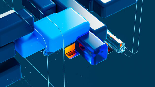 Geometric blocks arranged with technology elements on a flat surface