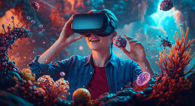 Virtual Reality Headset User Exploring A Colorful Alien Microbial Landscape With Glowing Organic Structures And Floating Microorganisms In A Dark Immersive Digital Science Fiction Environment