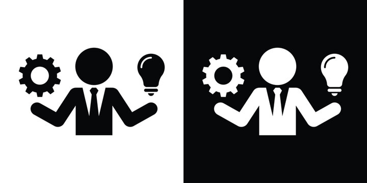 Businessman balancing a gear and a lightbulb, representing the integration of creative ideas and technical execution. Clean black and white vector icons.