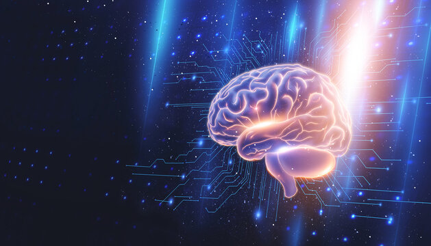 Digital Human Brain with Neural Circuit Technology and Orange Light, AI Innovation Concept