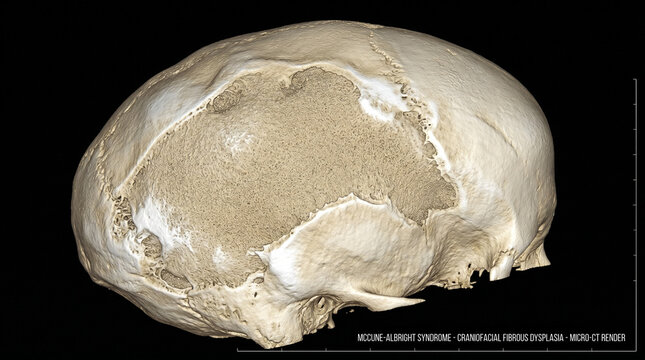 Detailed 3D micro-CT scan of a human skull with craniofacial fibrous dysplasia bone structure anomalies