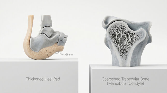 Thickened heel pad and coarsened trabecular bone mandibular condyle anatomical models for medical study purposes shown