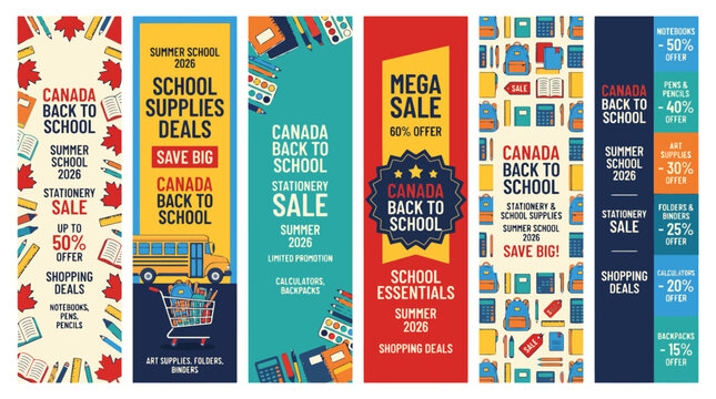 Canada back to school sale banners, set of 6 vertical stationery promotion templates, summer school 2026 shopping deals with school supplies icons