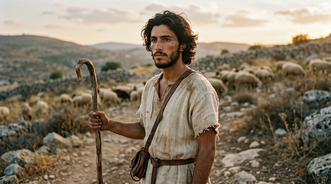 Young ancient Levantine Semitic man as biblical David before kingship. Shepherd holding a wooden staff with a flock of sheep in a rocky landscape at sunset