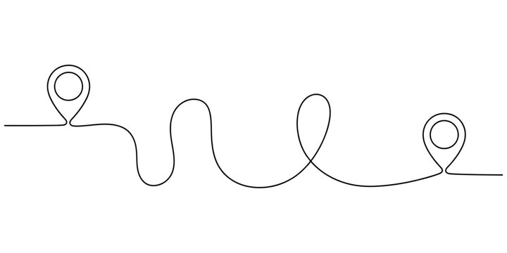 Continuous line drawing of a travel path with two map pointer markers for navigation