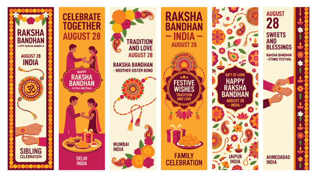 Raksha Bandhan festival vertical banners set, traditional Indian holiday celebration with rakhi and siblings, August 28 festive greeting cards