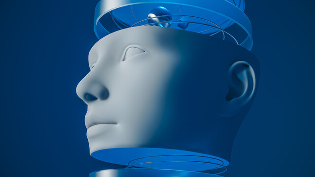 Concept of artificial intelligence head showing technology features