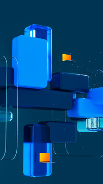 Geometric blocks arranged with technology elements on a flat surface