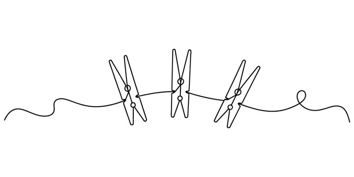 Three wooden clothespins hanging on a clothesline in a continuous single line art style