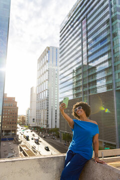 Summer Woman Black mobile phone outdoors selfie cityscape