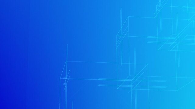 futuristic wireframe cube structure, 3d digital geometry, abstract blue background, technology